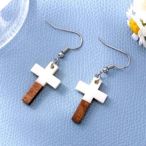 Minimalist White and Brown Cross Earrings Wood Acrylic
